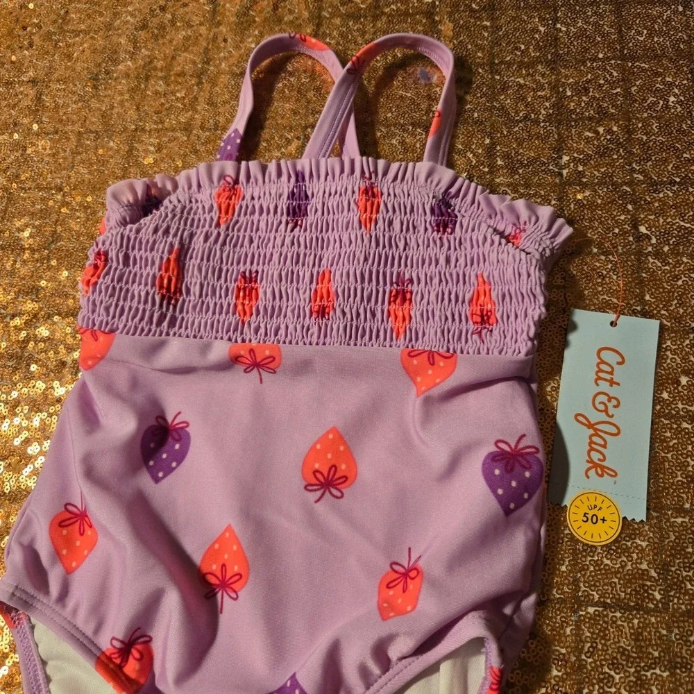 Cat & Jack Girls Purple‎ Strawberry Smocked One Piece Swimsuit UPF 50+ Size 3T
